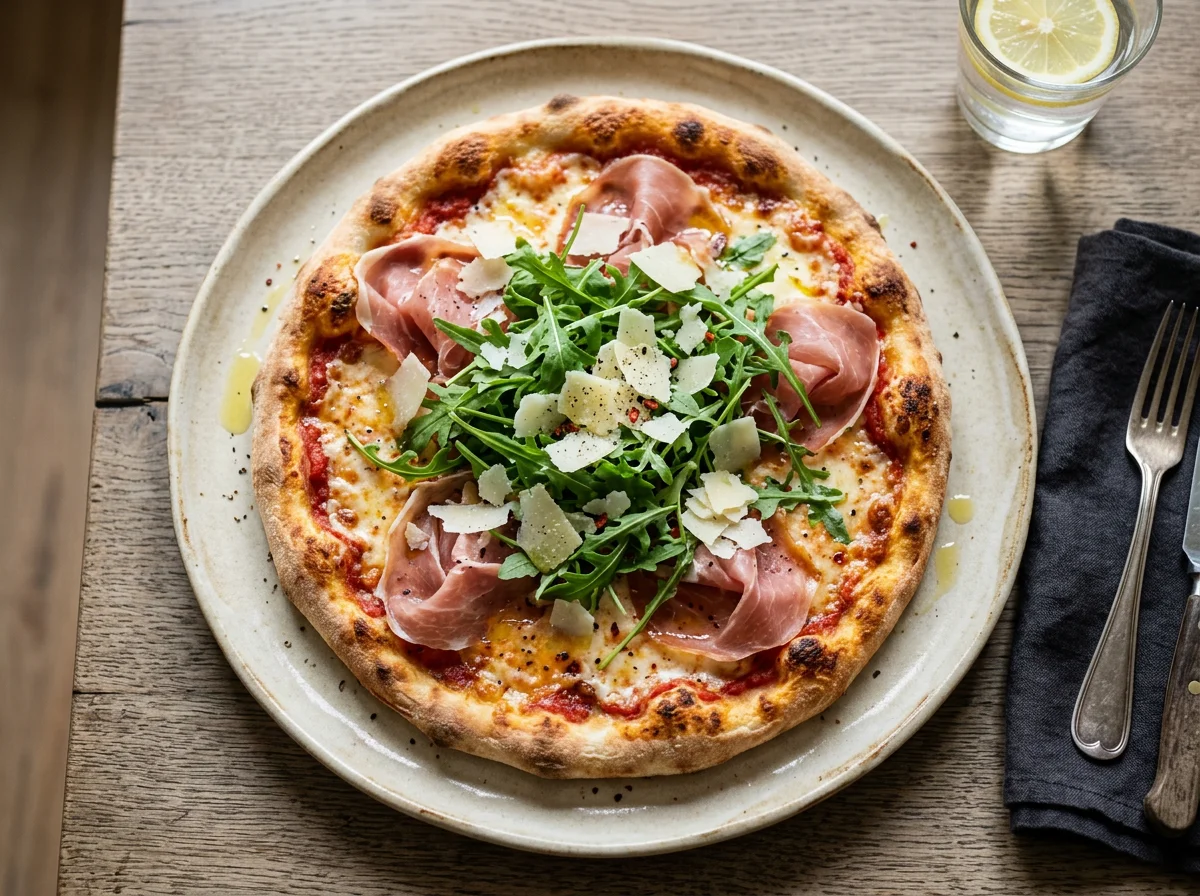 Pizza mit Rucola, Parmaschinken und Parmesan photo