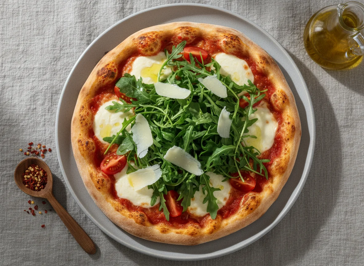 Pizza mit Rucola, Parmesan und Mozzarella photo