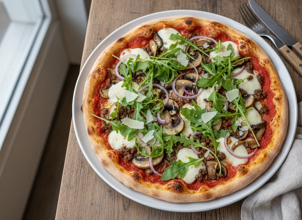 Pizza mit Rucola, Pilzen und Fleisch photo