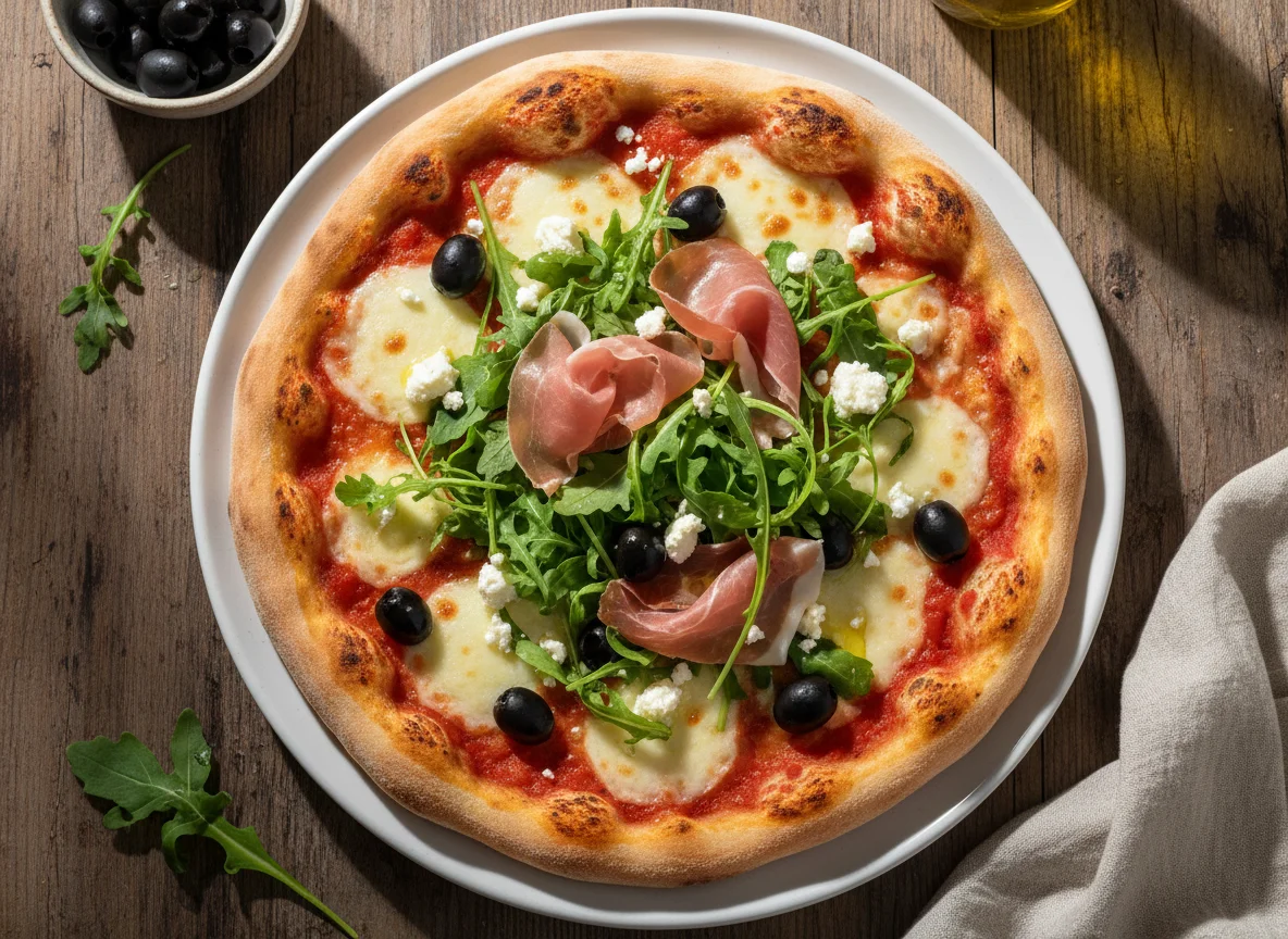 Pizza mit Rucola, Prosciutto, Feta und Oliven photo