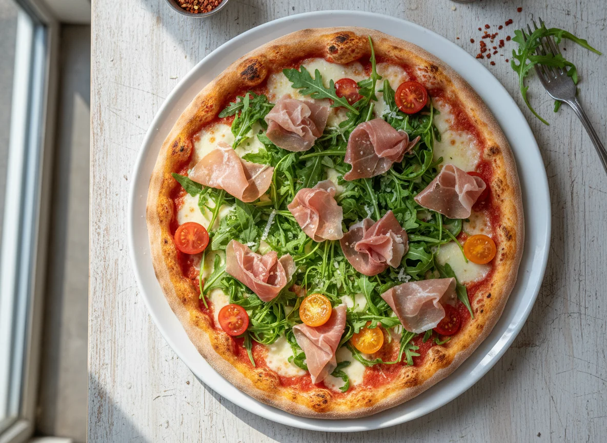 Pizza mit Rucola, Prosciutto und Kirschtomaten photo