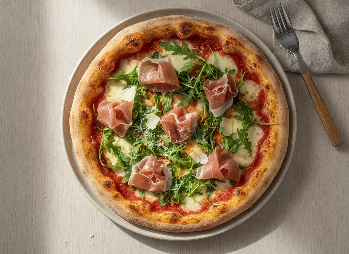 Pizza mit Rucola, Schinken und Parmesan photo