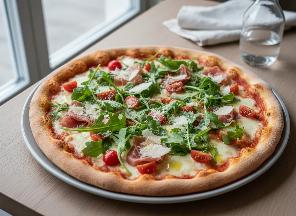 Pizza mit Rucola, Tomaten und Parmesan photo