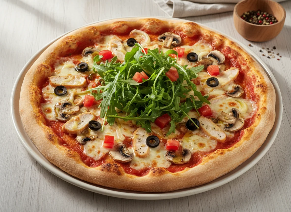 Pizza mit Rucola und Pilz-Hähnchen-Belag photo