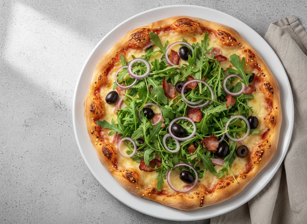 Pizza mit Rucola und Zwiebeln photo