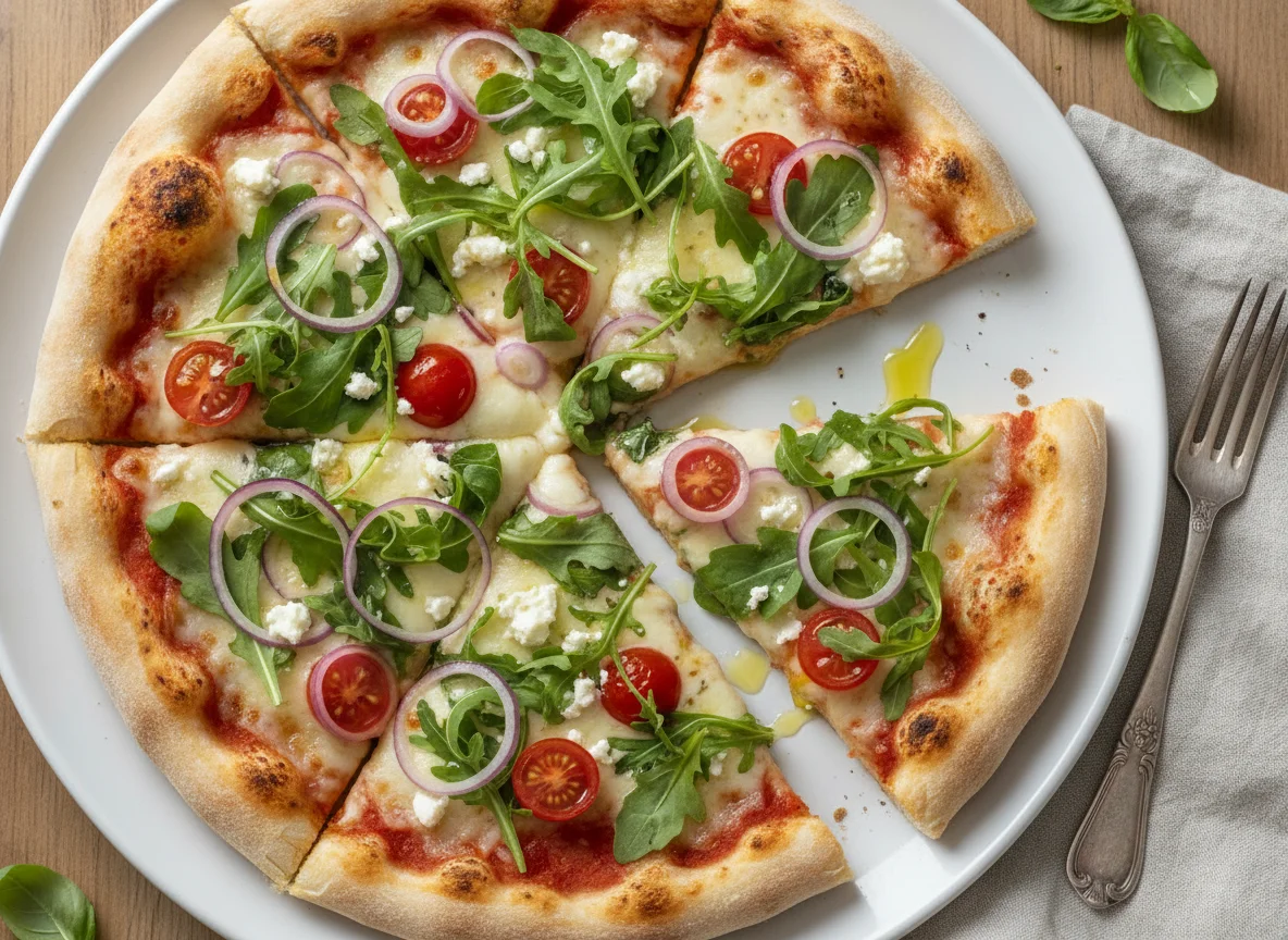 Pizza mit Rucola, Zwiebeln, Tomaten und Käse photo
