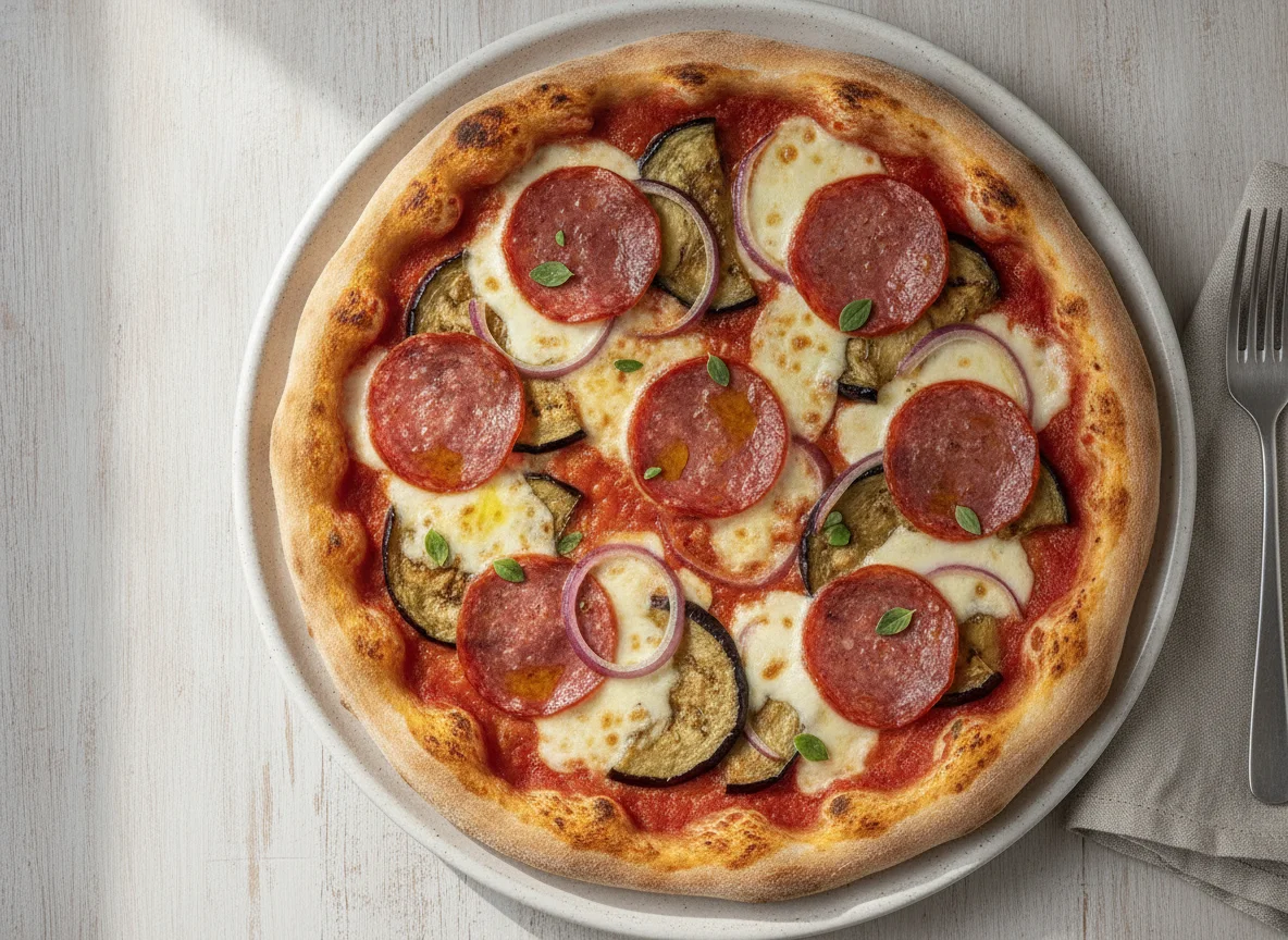 Pizza mit Salami, Auberginen und Zwiebeln photo