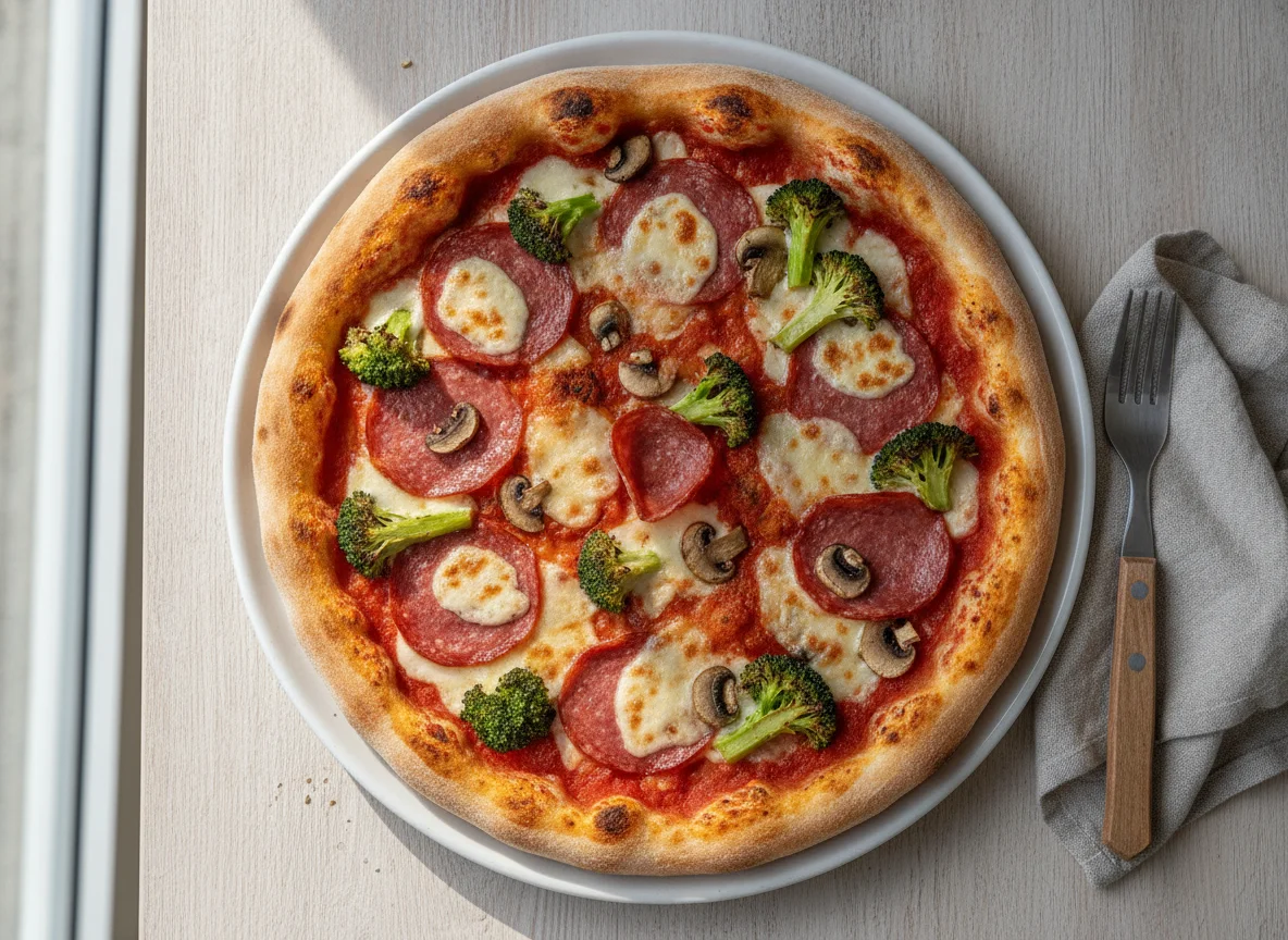 Pizza mit Salami, Brokkoli und Pilzen photo