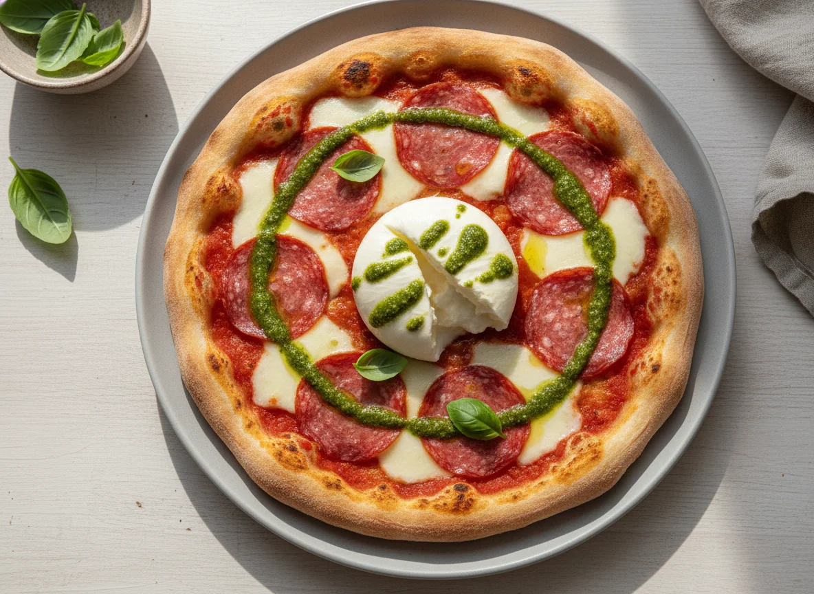Pizza mit Salami, Burrata und Pesto photo