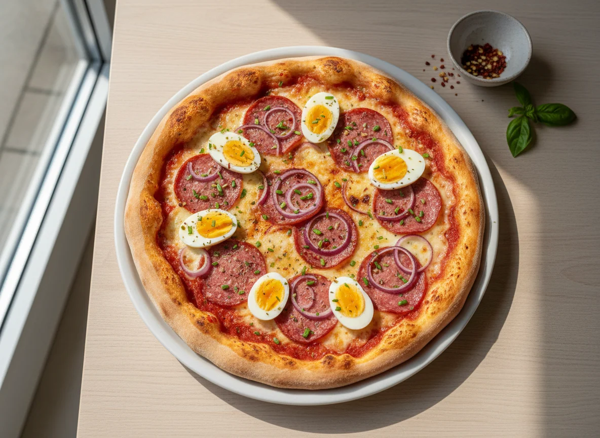 Pizza mit Salami, Ei und Zwiebeln photo