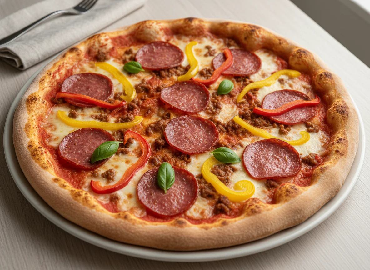 Pizza mit Salami, Hackfleisch und Peperoni photo