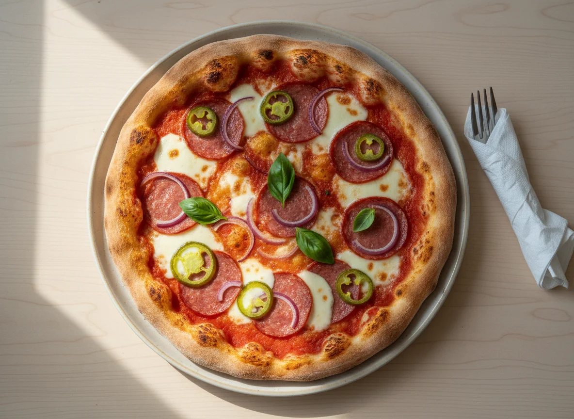 Pizza mit Salami, Jalapeños und roten Zwiebeln photo
