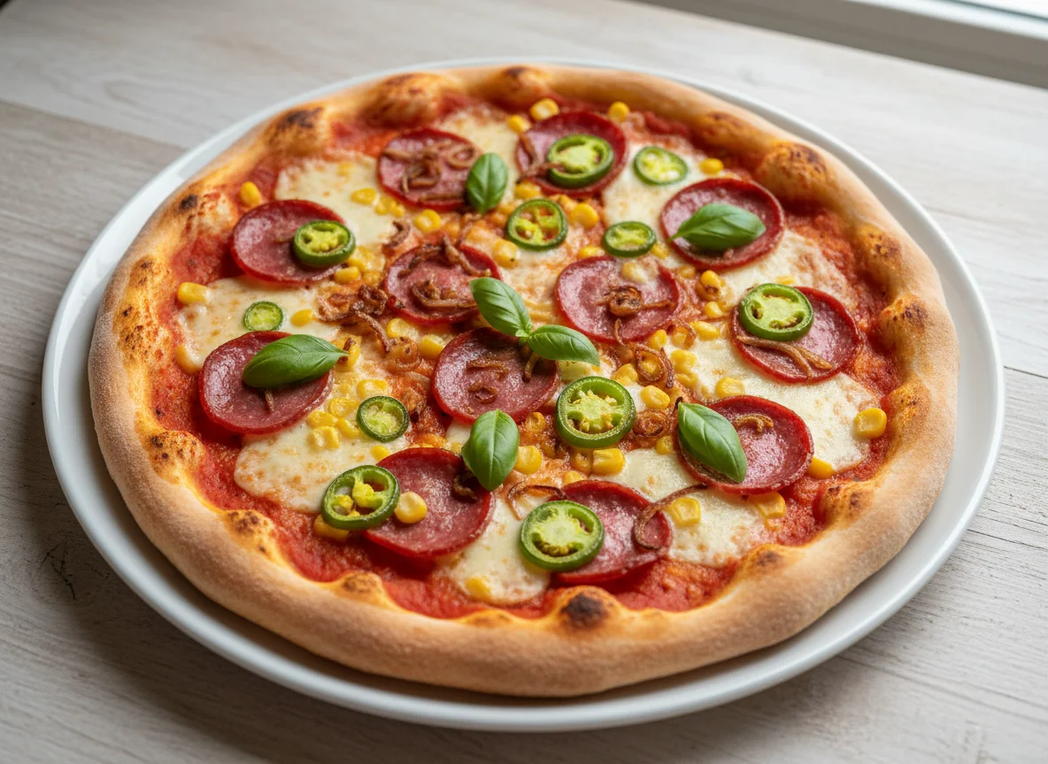 Pizza mit Salami, Mais, Jalapeños und Röstzwiebeln photo