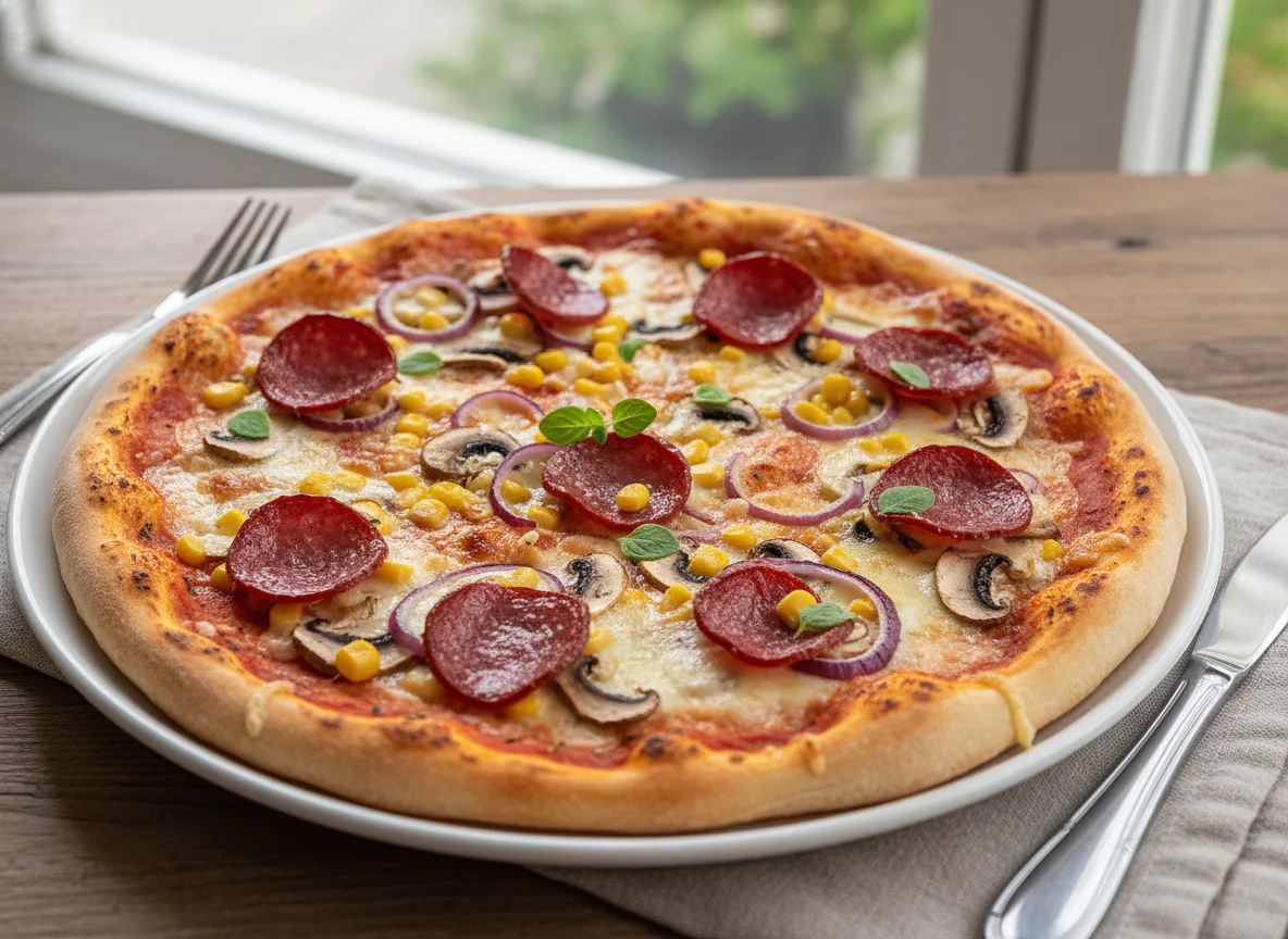Pizza mit Salami, Mais, Pilzen und Zwiebeln photo