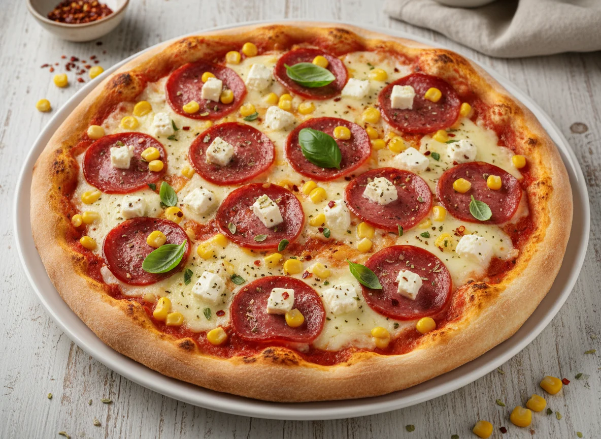 Pizza mit Salami, Mais und Feta photo