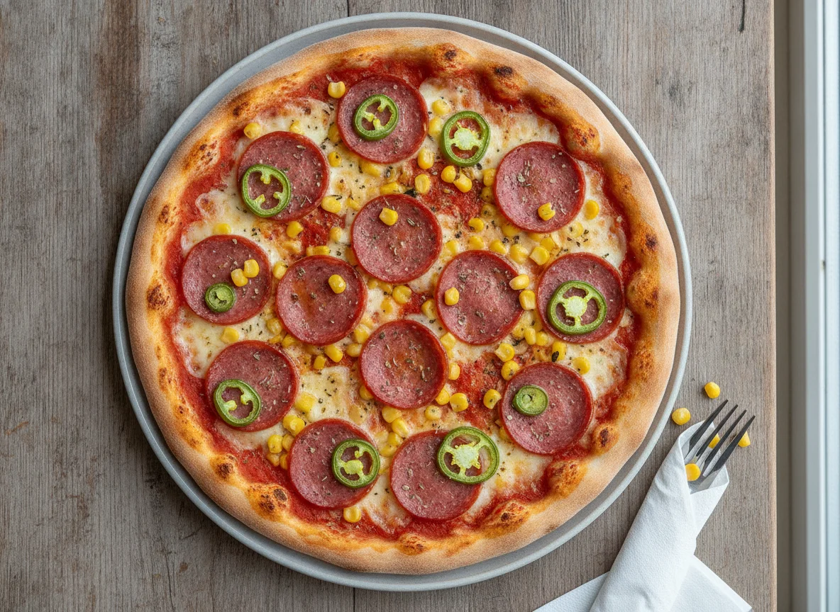 Pizza mit Salami, Mais und Jalapeños photo