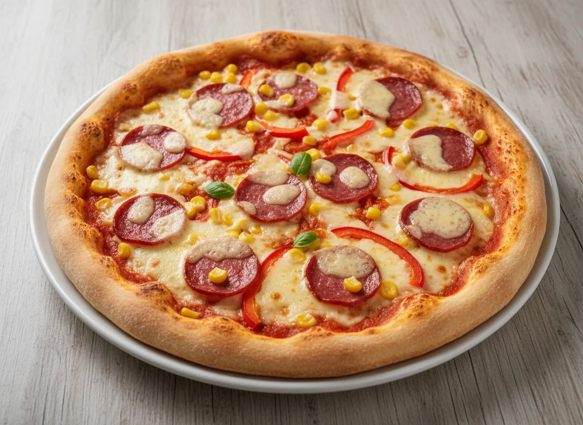 Pizza mit Salami, Mais und Paprika photo