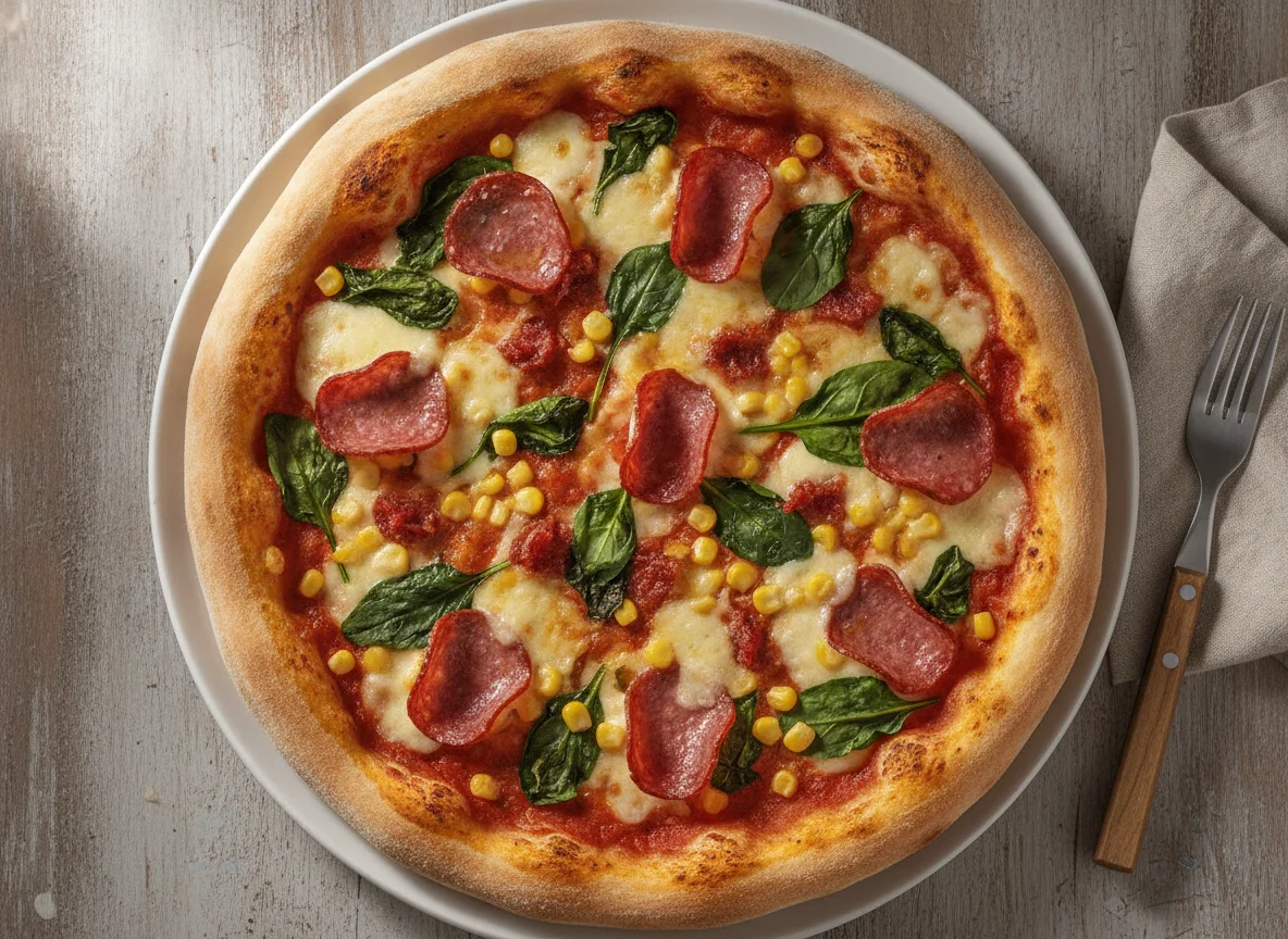 Pizza mit Salami, Mais und Spinat photo
