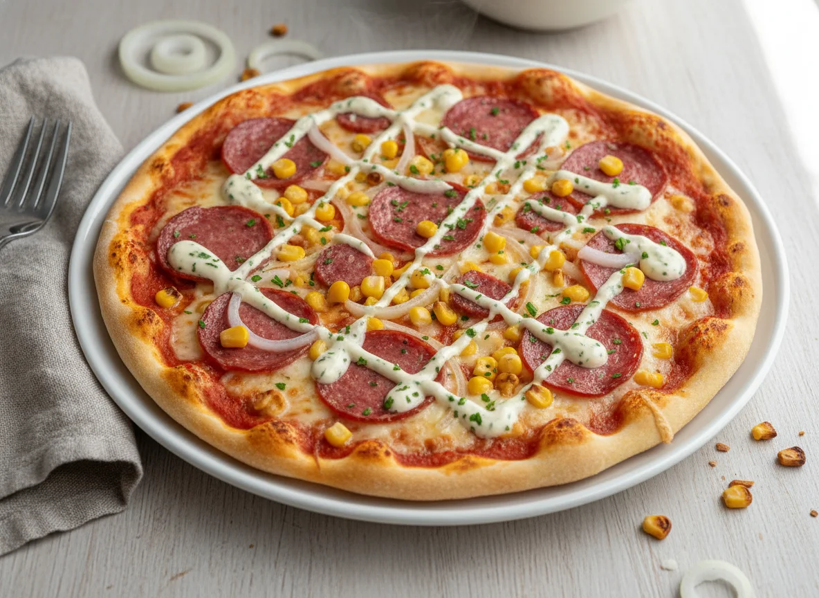 Pizza mit Salami, Mais, Zwiebeln und Knoblauchsauce photo