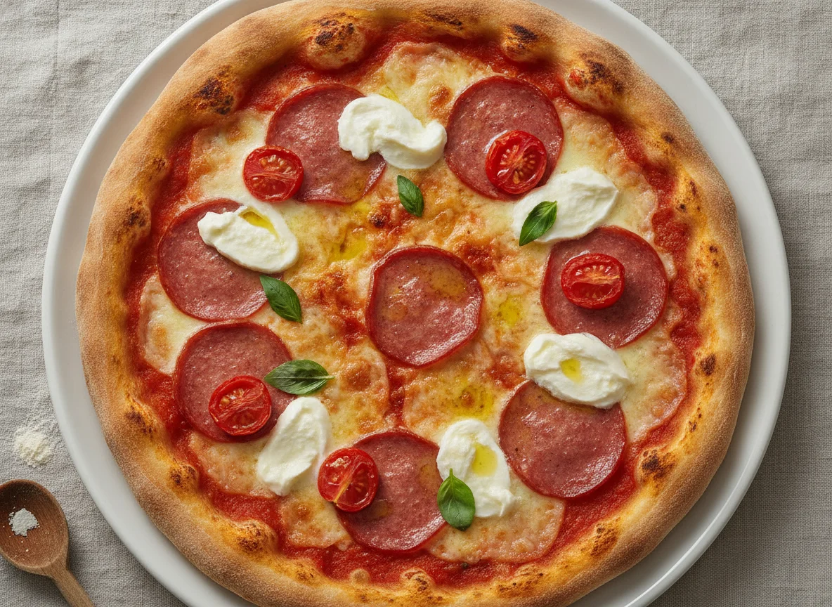 Pizza mit Salami, Mozzarella und Kirschtomaten photo