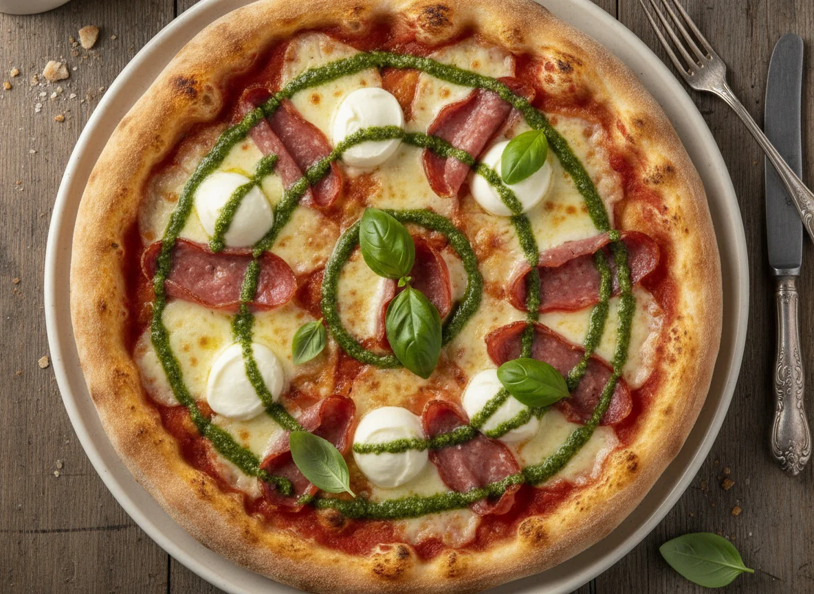 Pizza mit Salami, Mozzarella und Pesto photo