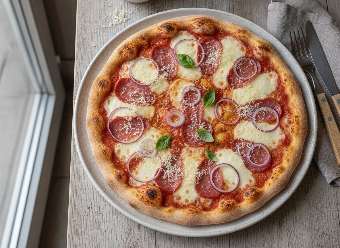Pizza mit Salami, Mozzarella und roten Zwiebeln photo
