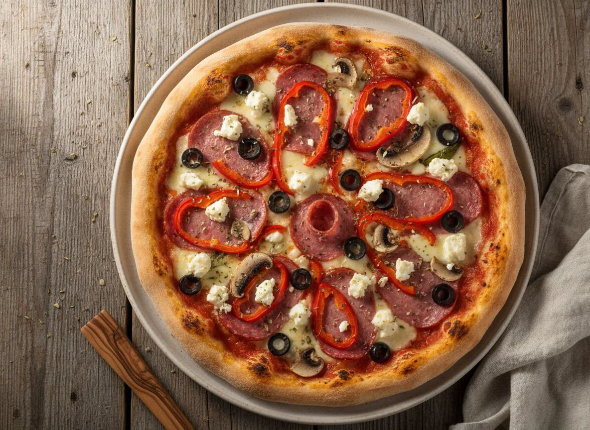 Pizza mit Salami, Oliven, Feta und Paprika photo