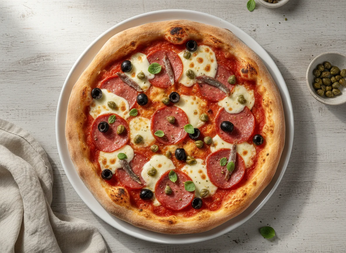 Pizza mit Salami, Oliven, Kapern und Sardellen photo
