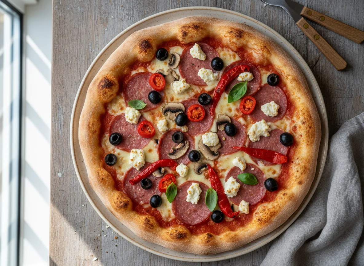 Pizza mit Salami, Oliven, Pilzen und Feta photo