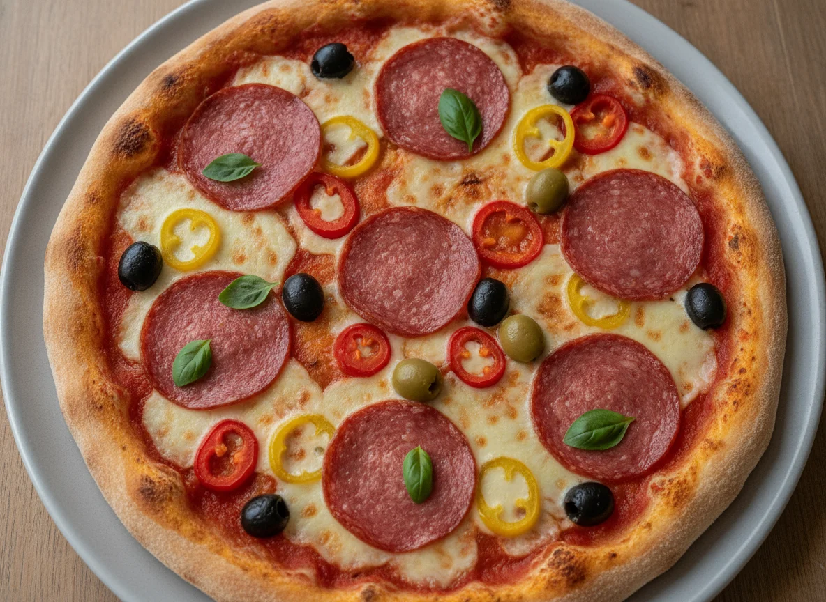 Pizza mit Salami, Oliven und Peperoni photo