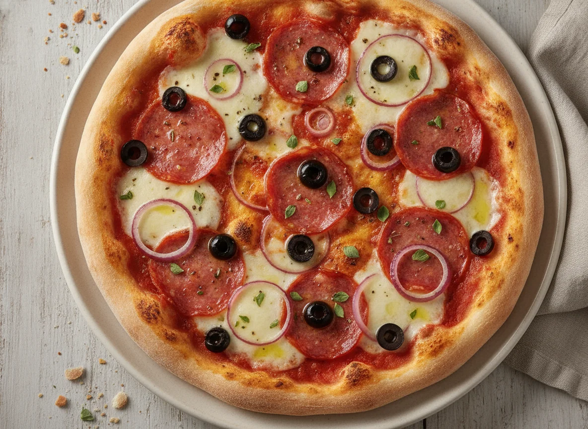 Pizza mit Salami, Oliven und roten Zwiebeln photo
