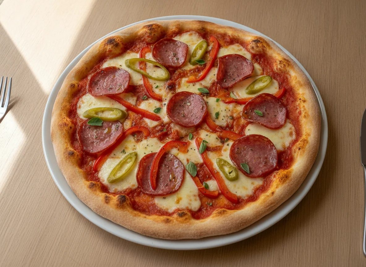 Pizza mit Salami, Paprika und Peperoni photo