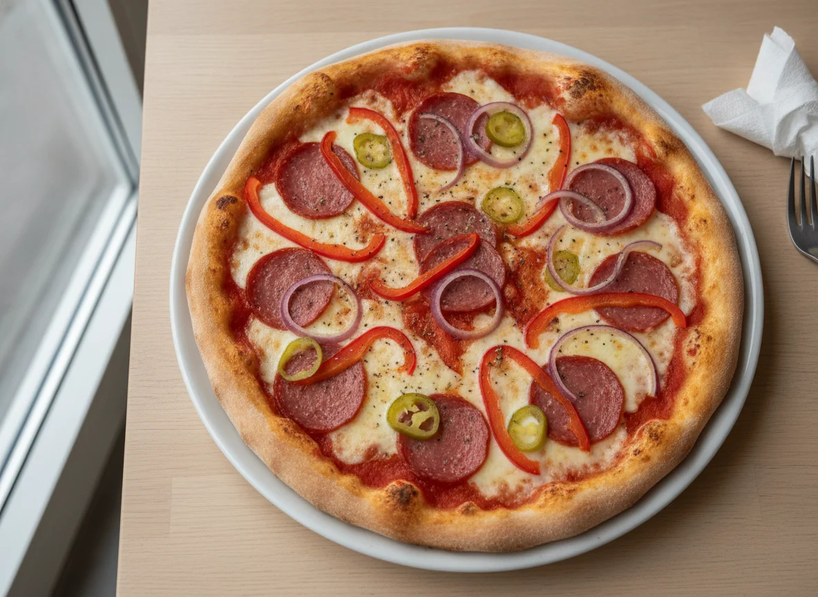 Pizza mit Salami, Paprika und Zwiebeln photo