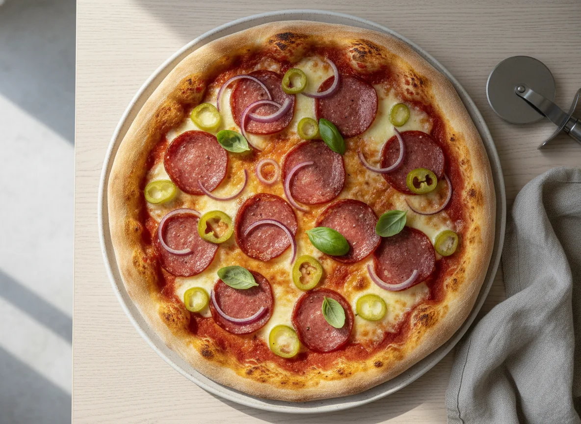 Pizza mit Salami, Peperoni und roten Zwiebeln photo