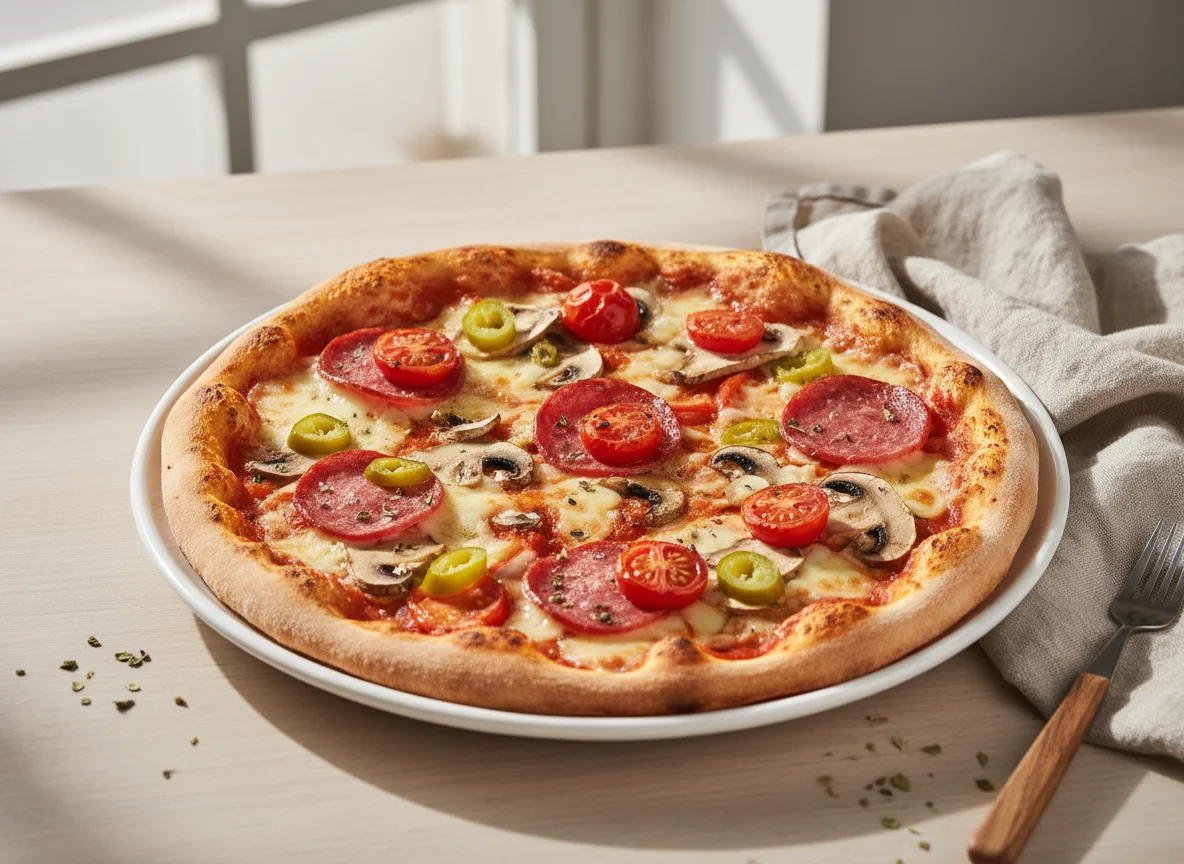 Pizza mit Salami, Pilzen, Kirschtomaten und Peperoni photo