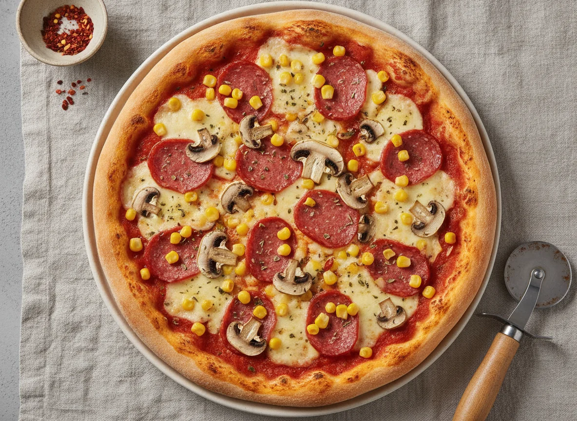 Pizza mit Salami, Pilzen und Mais photo