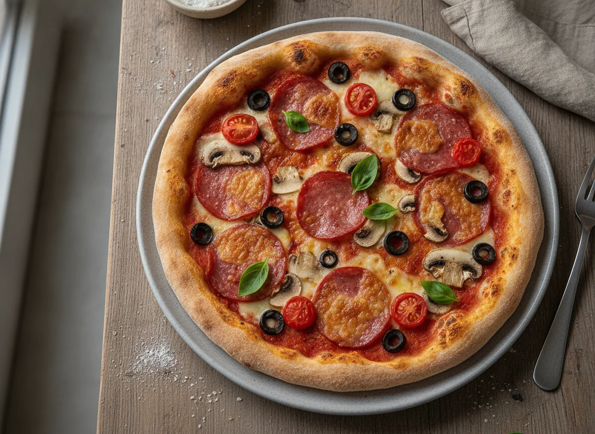 Pizza mit Salami, Pilzen und Oliven photo
