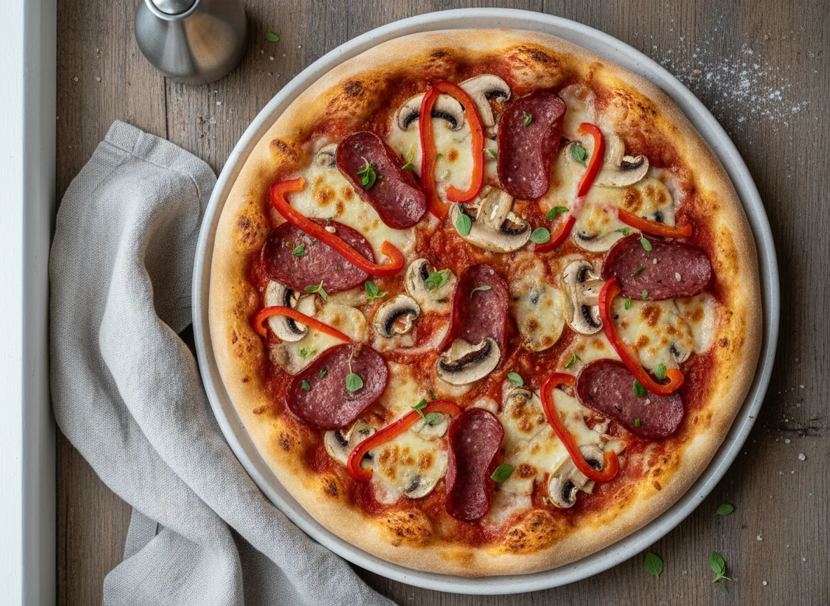 Pizza mit Salami, Pilzen und Paprika photo