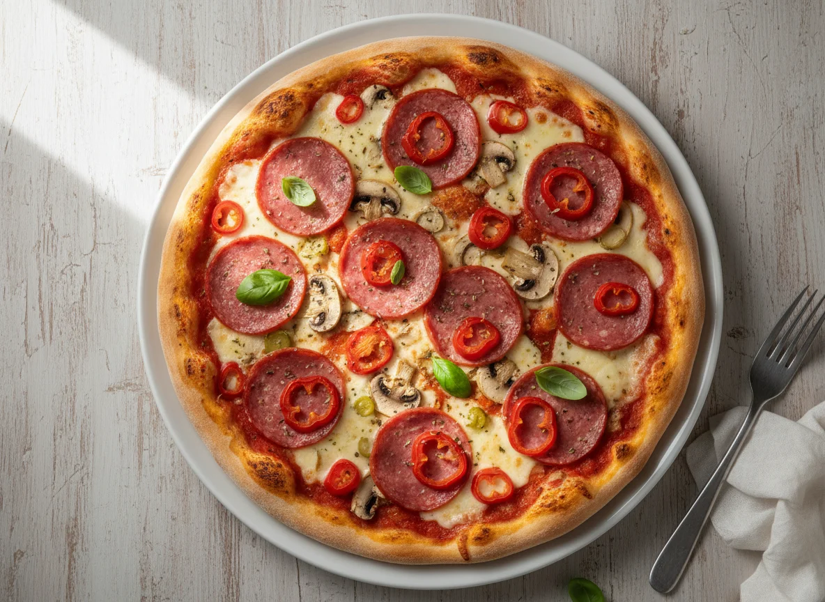 Pizza mit Salami, Pilzen und Peperoni photo
