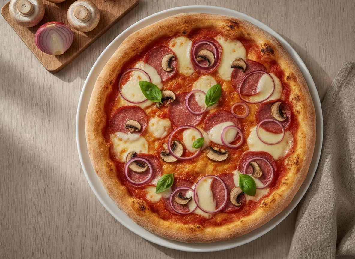 Pizza mit Salami, Pilzen und roten Zwiebeln photo