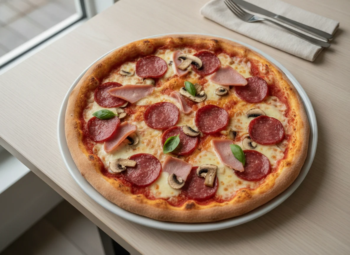 Pizza mit Salami, Pilzen und Schinken photo