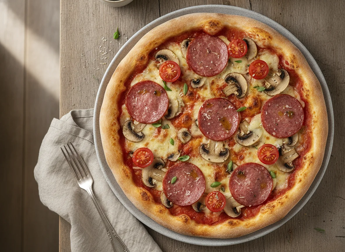 Pizza mit Salami, Pilzen und Tomaten photo