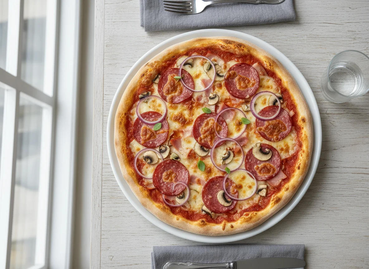 Pizza mit Salami, Pilzen, Zwiebeln und Schinken photo