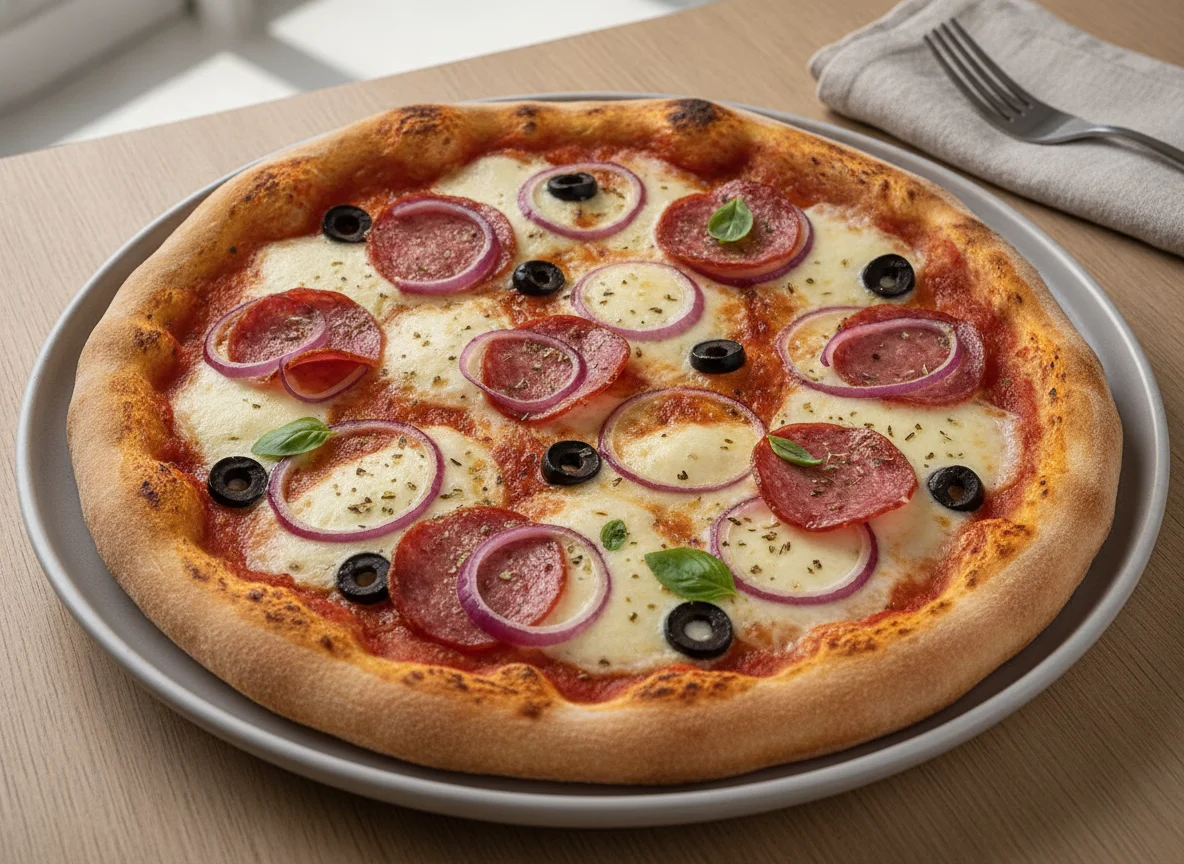 Pizza mit Salami, roten Zwiebeln und Oliven photo