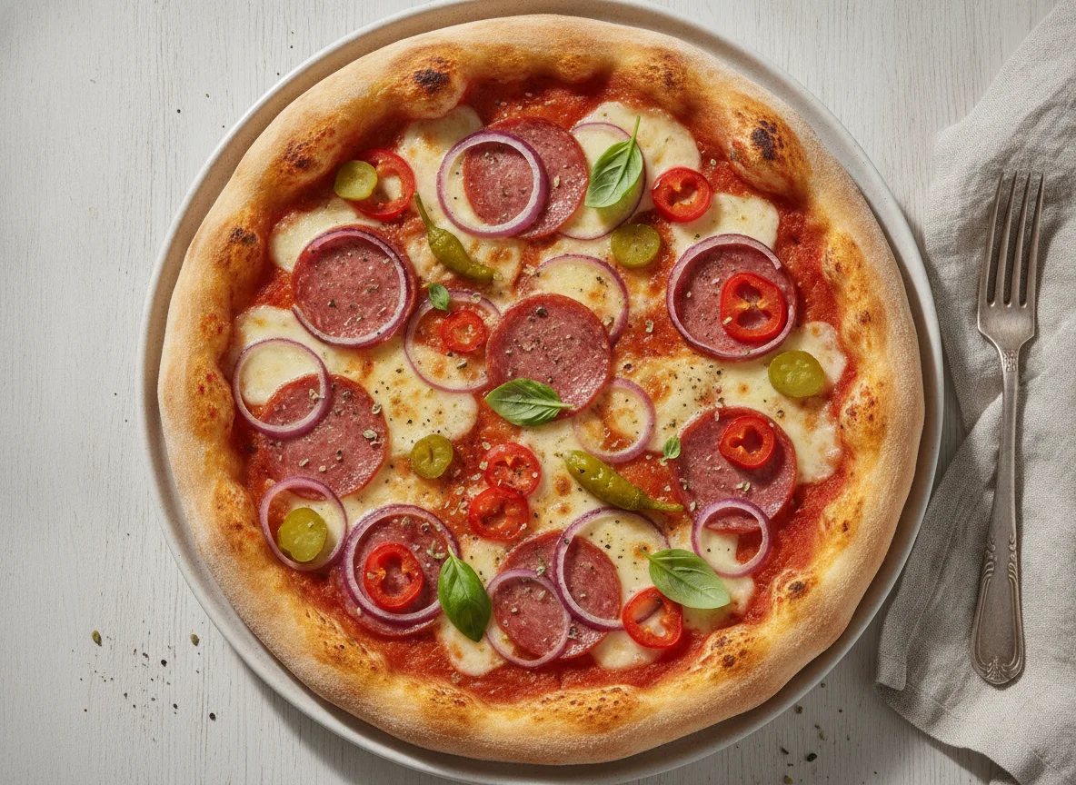 Pizza mit Salami, roten Zwiebeln und Peperoni photo