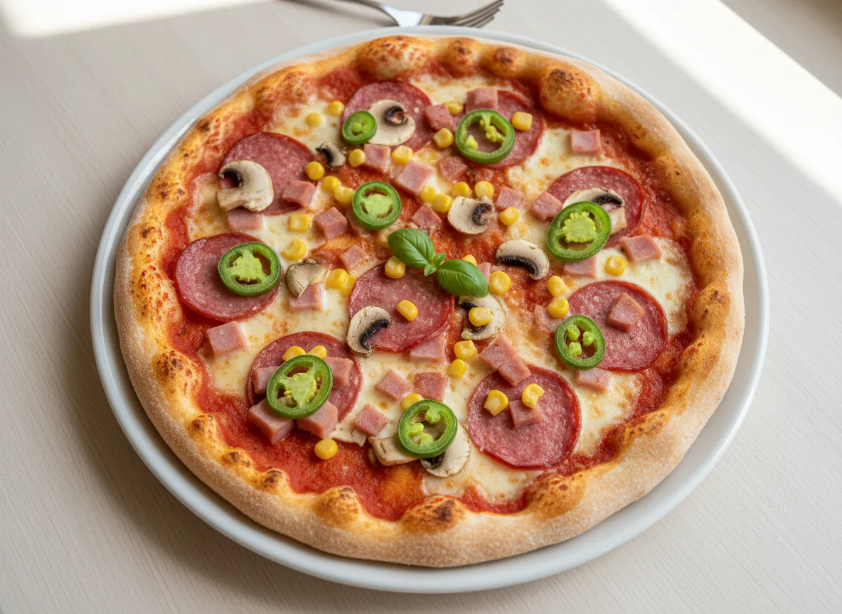 Pizza mit Salami, Schinken, Mais, Pilzen und Jalapeños photo