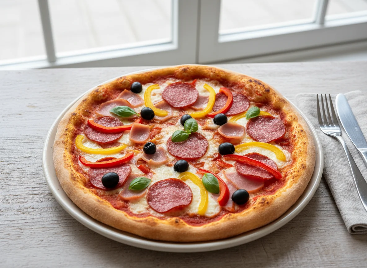 Pizza mit Salami, Schinken, Paprika und Oliven photo