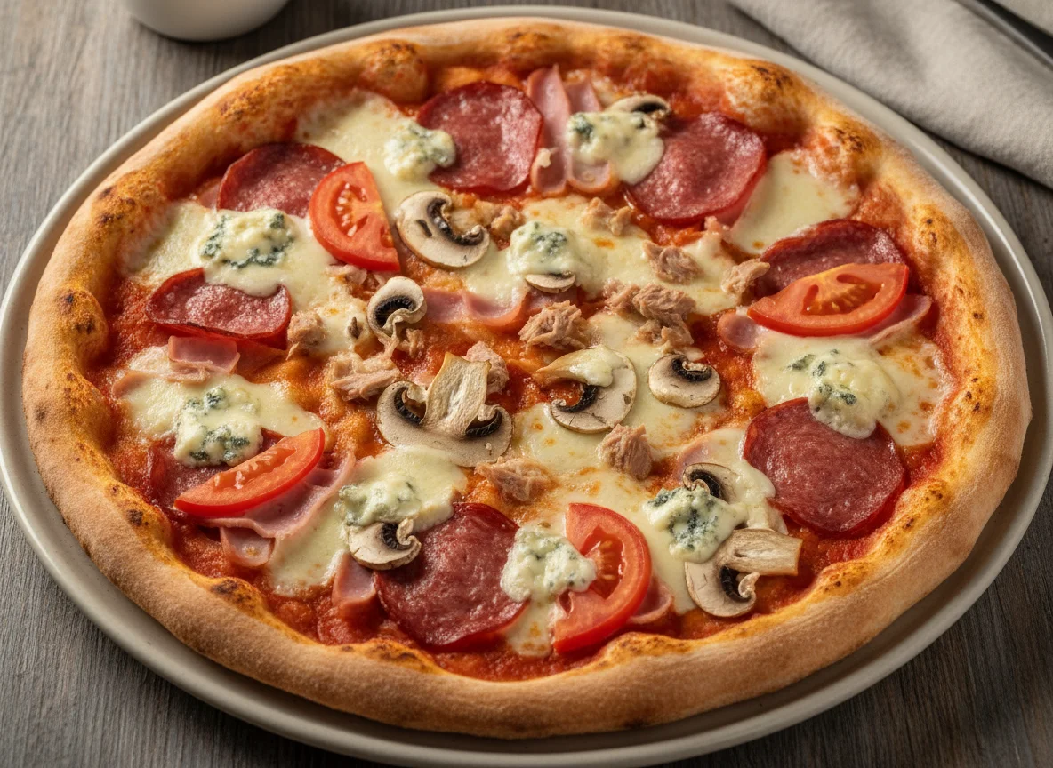 Pizza mit Salami, Schinken, Pilzen, Thunfisch und Gorgonzola photo