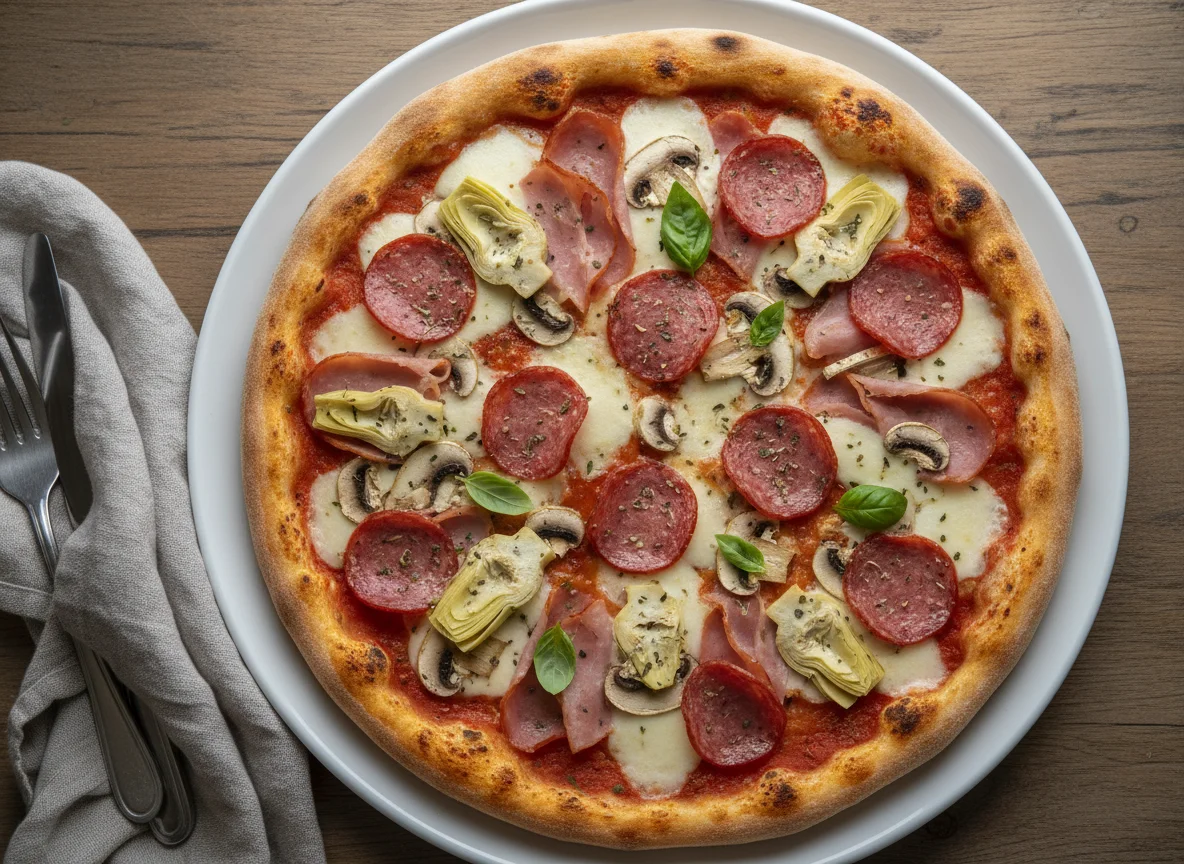 Pizza mit Salami, Schinken, Pilzen und Artischocken photo