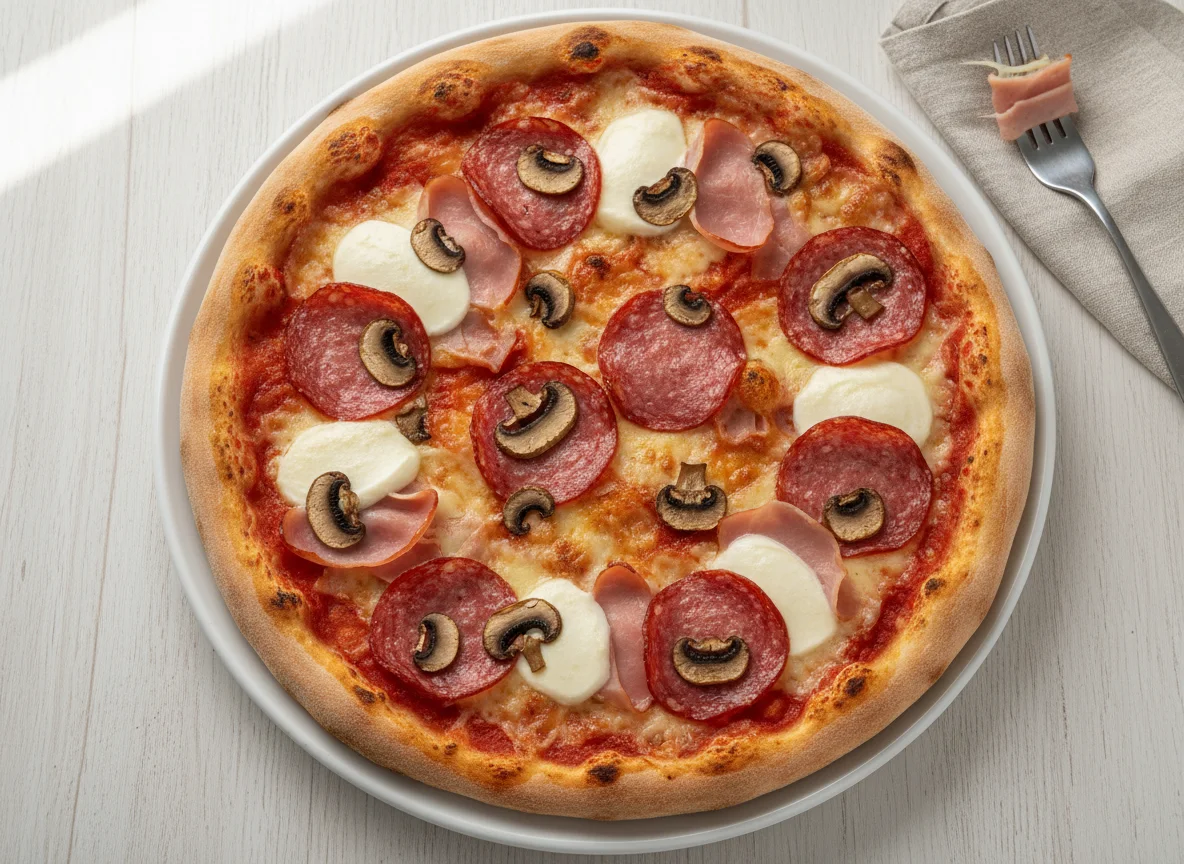 Pizza mit Salami, Schinken, Pilzen und Käse photo
